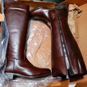 Tall brown faux leather boots
